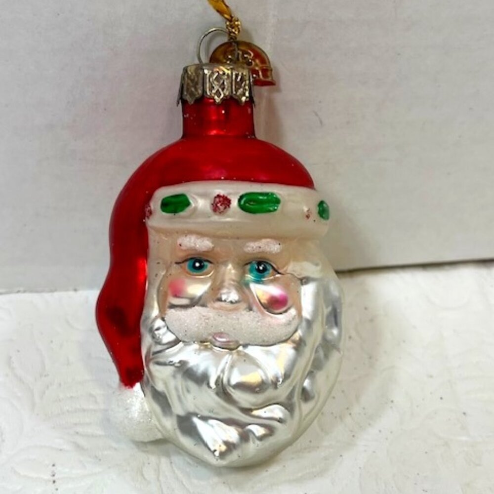 VTG Santa Head Hand Blown Glass Glitter Christmas Tree Ornament 2"x3"
